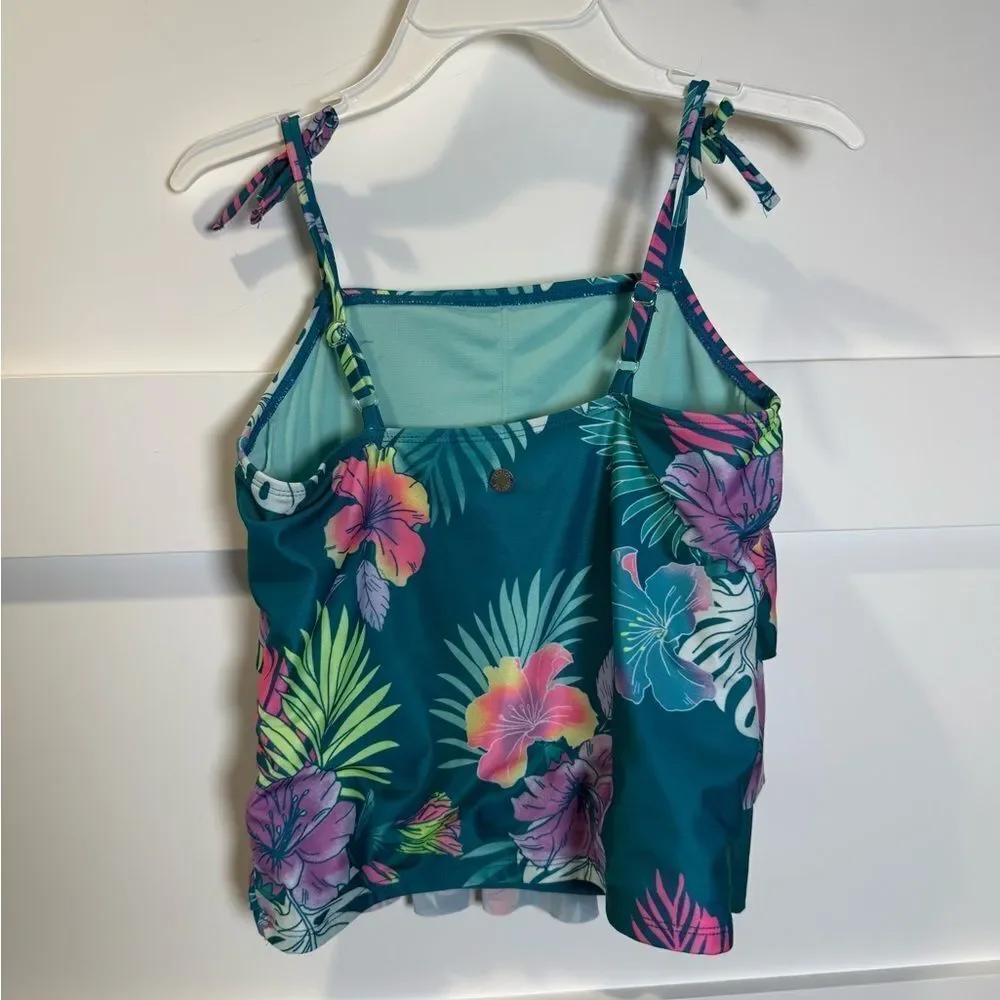 Girls Justice 3 piece set swim suit teal and floral and shorts size Large